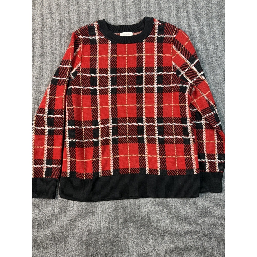 Charter Club Red Black Plaid Sweater Crew Neck Long Sleeve Knit Pullover XL